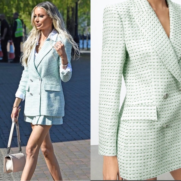 ZARA SET 2 Pc Co-Ord Suit Mint Green Textured Tweed Blazer & Pleated Mini Skirt - Picture 12 of 17